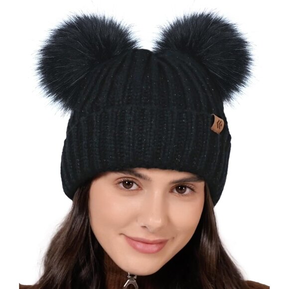 Double Pom Pom Beanie for Women Girls Warm Fleece Lined Knit Black Winter Hat - Picture 1 of 8